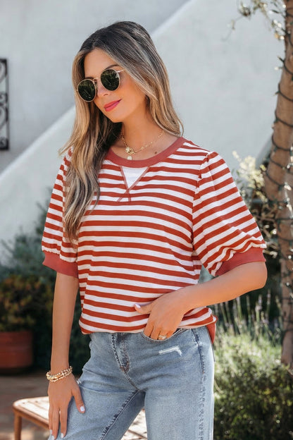 Sky Blue Stripe Short Bubble Sleeve T Shirt