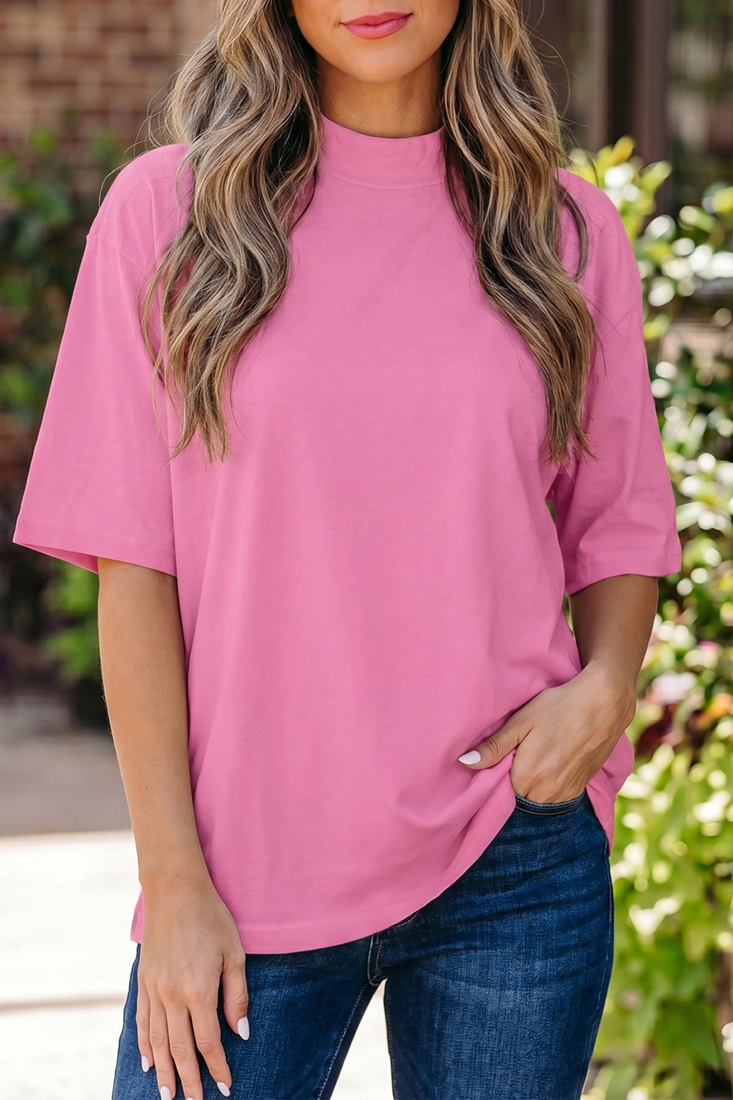 Black Solid Color High Neck Oversize Tee