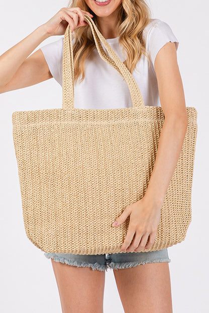 Camel Solid Color Straw Woven Summer Beach Tote Bag