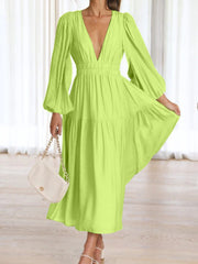 Deep V-Neck Balloon Sleeve Plain Maxi Dress