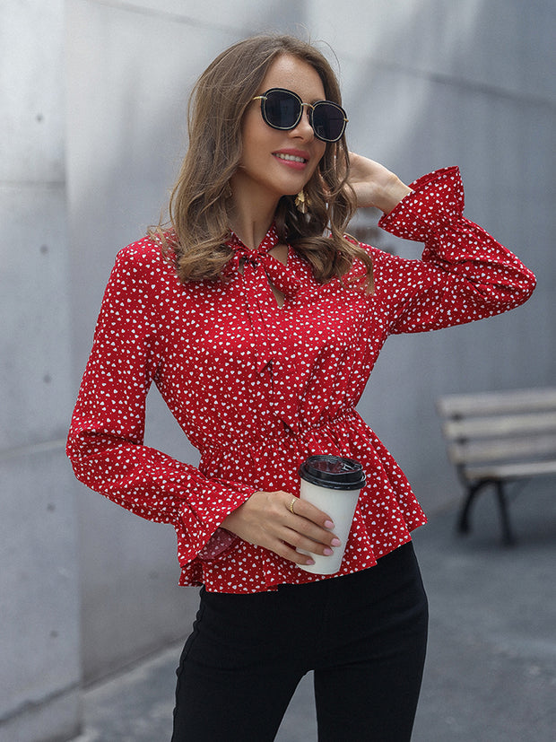 Honey Printed Flounce Sleeve Peplum Blouse