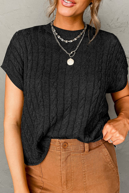 Gray Crew Neck Cable Knit Short Sleeve Sweater