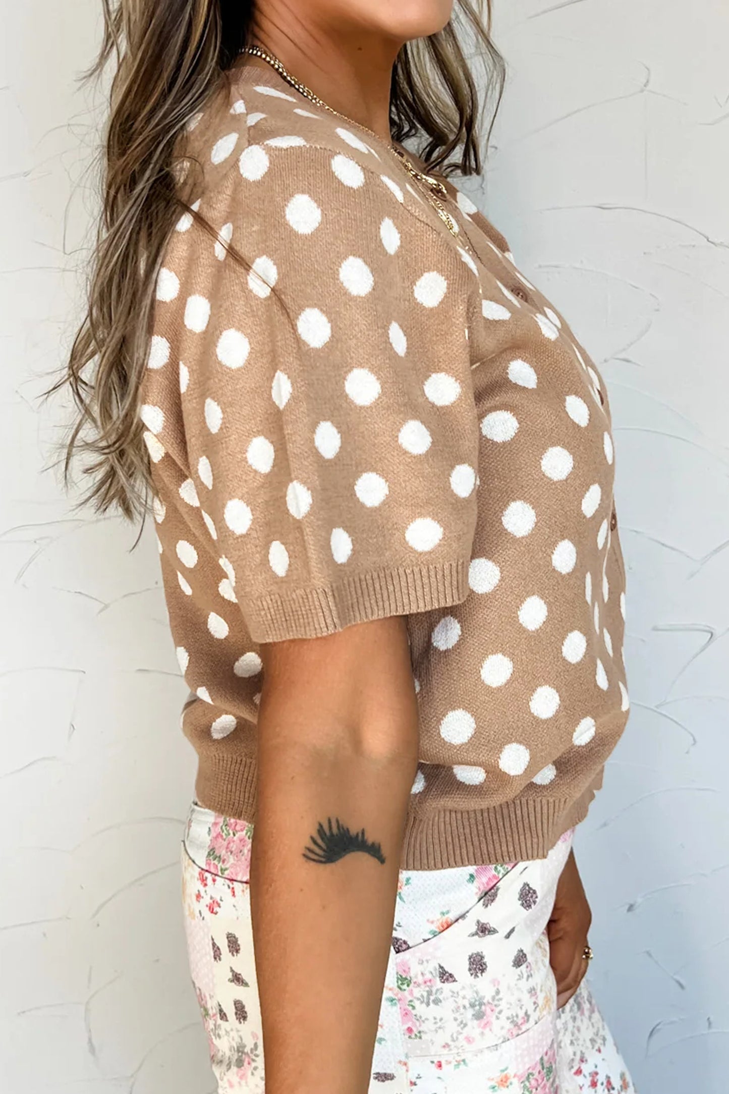 Dark Khaki Polka Dot Short Sleeve Button Down Sweater Cardigan