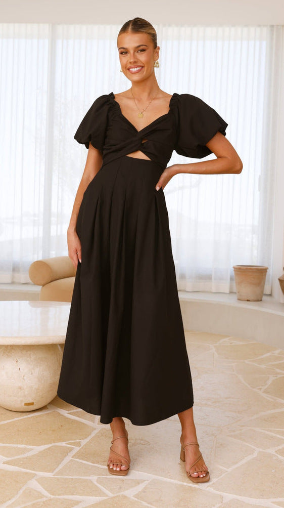 Women's Solid Color And V-neck Long Puff Sleeve Long Slimming Dress