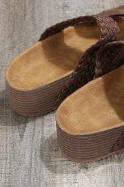 Brown Braided Detail Criss Cross Platform Slippers