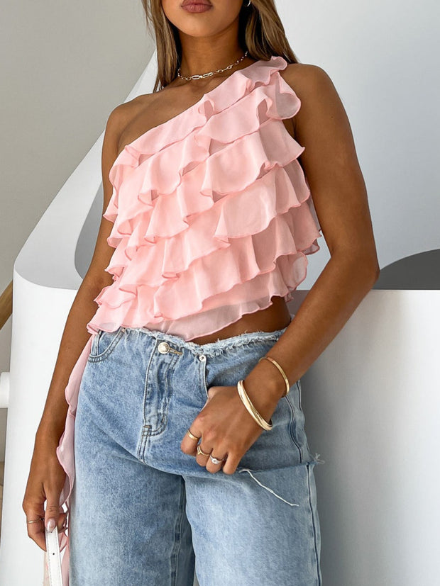 Layered Ruffled One Shoulder Tank