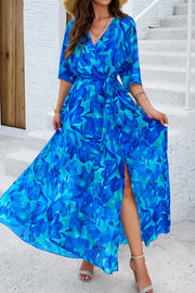 Devine Printed Tied Half Sleeve Slit Dress