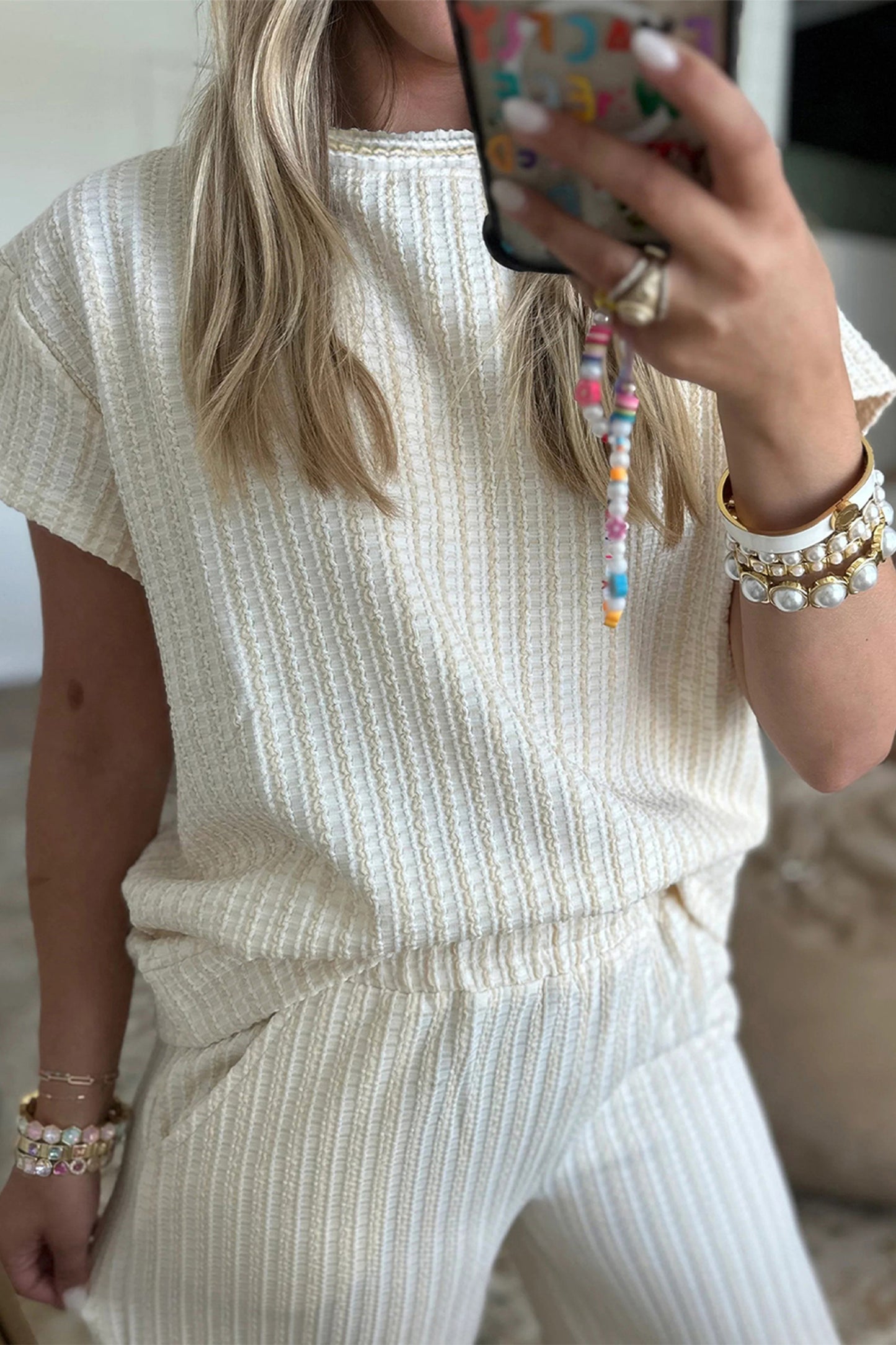 Beige Texture Loose Short Sleeve Top and Cropped Pant Set