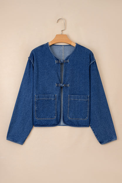 Sail Blue Vintage Fastening Big Patched Pockets Straight Cut Deep Wash Denim Jacket