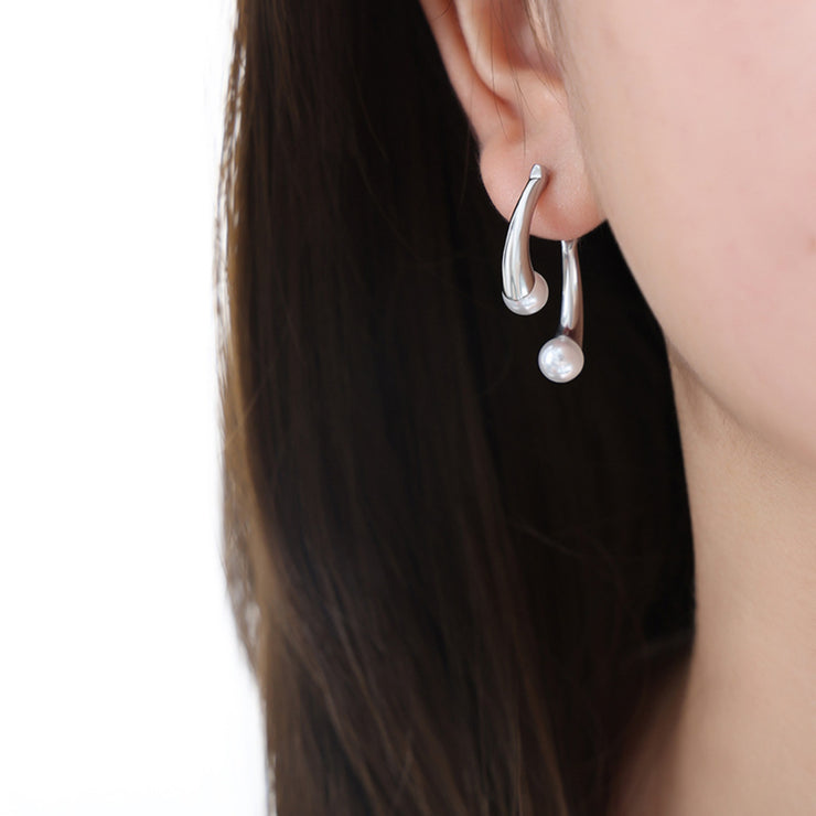 Synthetic Pearl Asymmetrical Titanium Steel Earrings