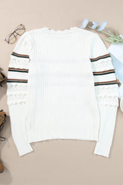 Striped Hollow Out Round Neck Long Sleeve Sweater