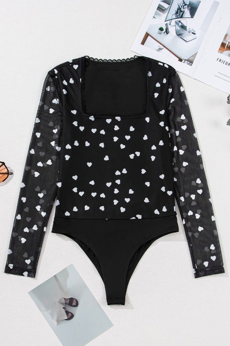 Heart Square Neck Long Sleeve Bodysuit