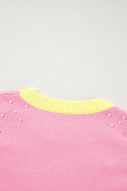 Pearl Detail Contrast Round Neck Sweater