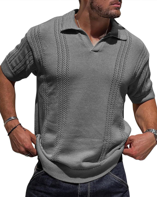 Men's Knitted Short Sleeve V-neck Hollow