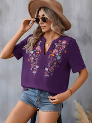 Embroidered Notched Short Sleeve T-Shirt