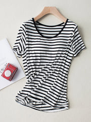 Striped Round Neck Short Sleeve T-Shirt with Bra