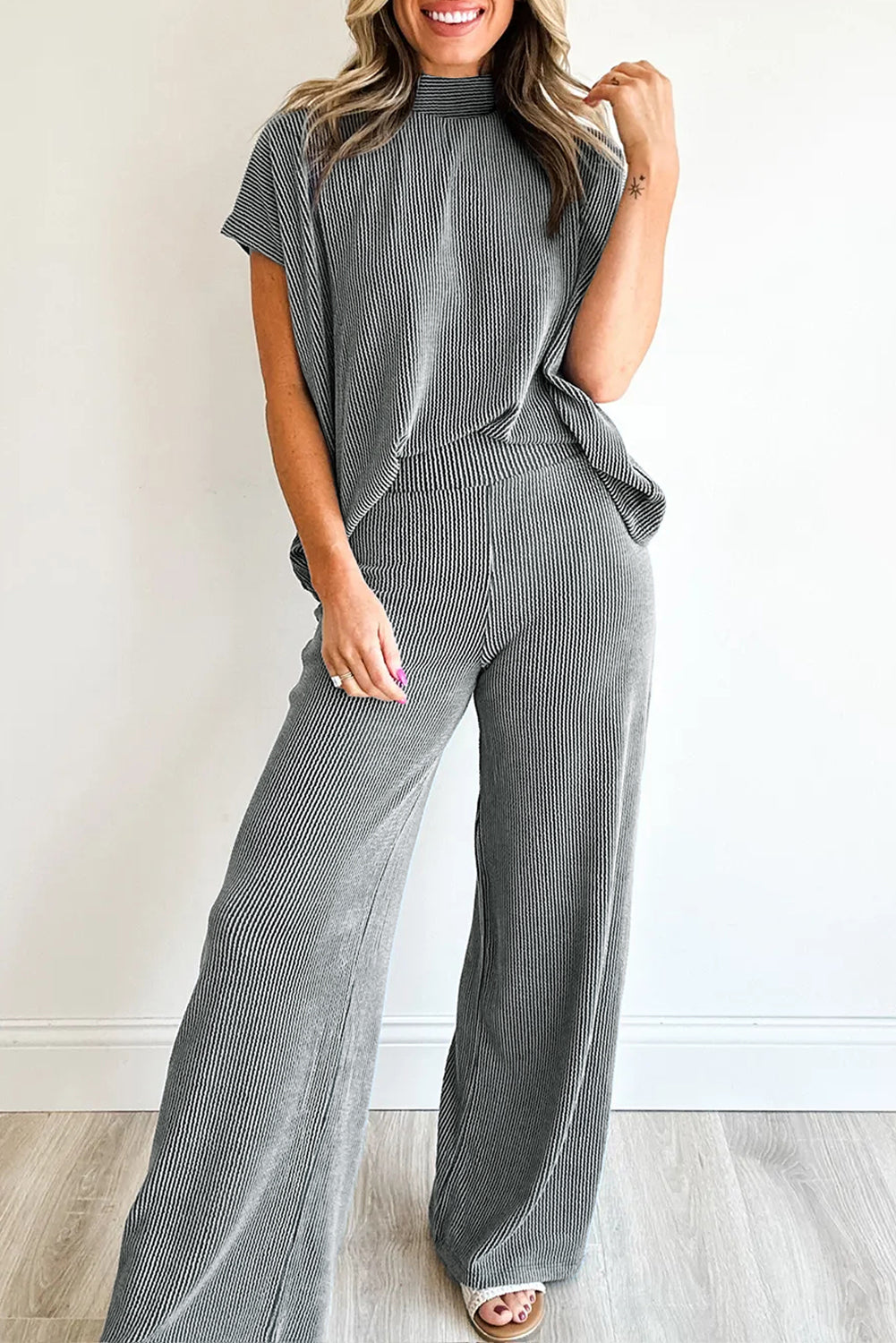 Burgundy Twisted Ribbed High Neck Loose Tee Elastic High Waist Loose Pant Set