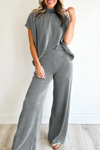 Burgundy Twisted Ribbed High Neck Loose Tee Elastic High Waist Loose Pant Set