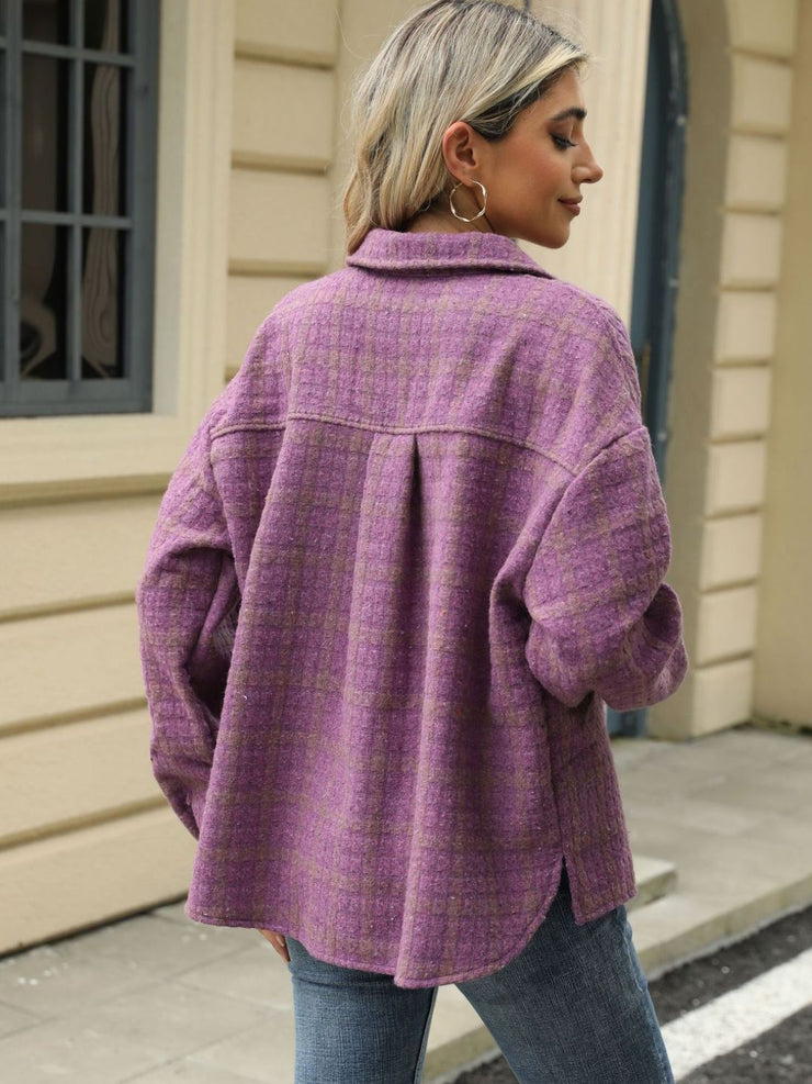 Plaid Collared Neck Long Sleeve Jacket