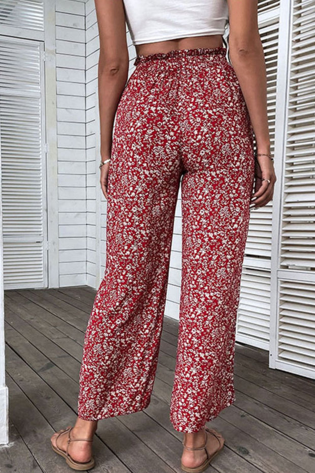 Perfee Ditsy Floral Slit Paperbag Waist Wide Leg Pants