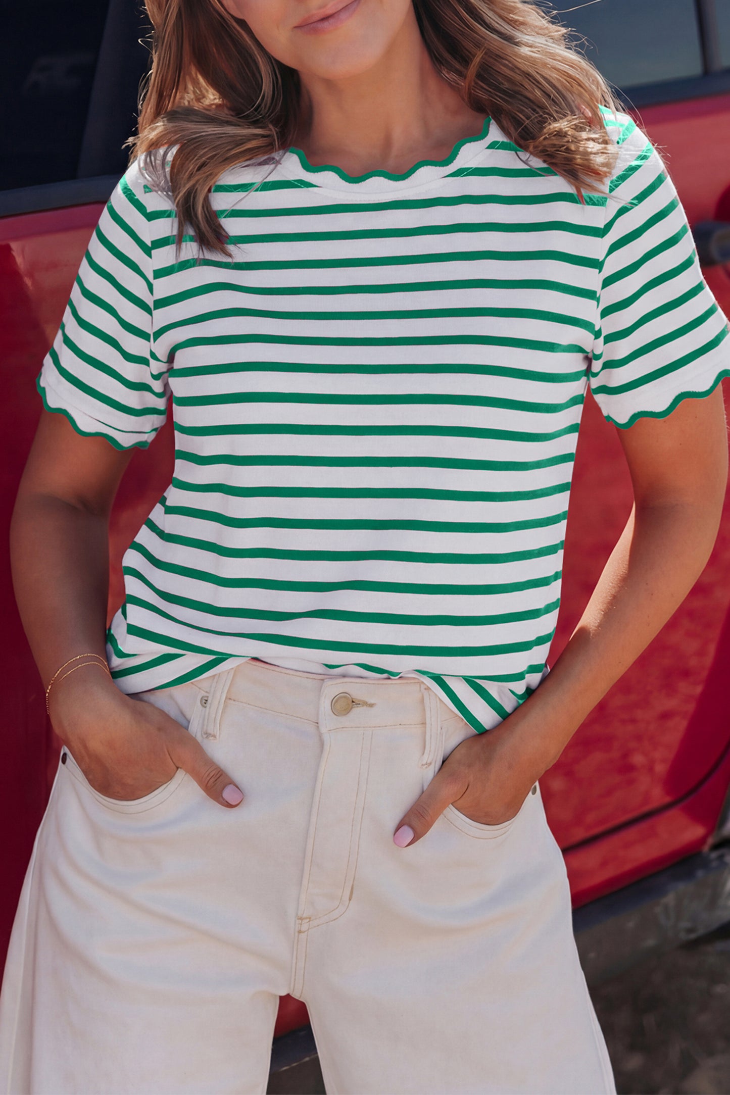 Black Stripe Scalloped Trim Round Neck T Shirt