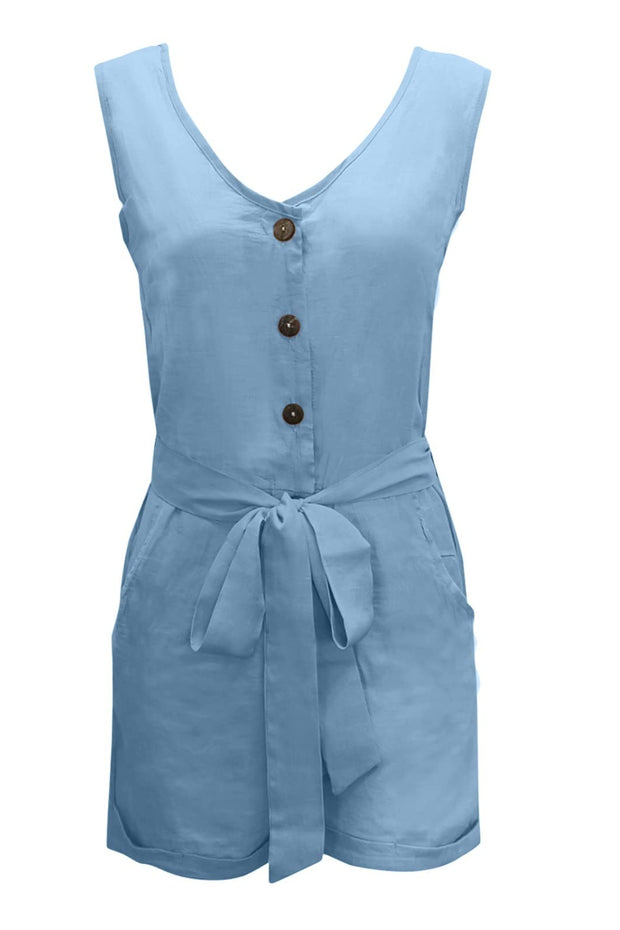 Full Size Tied V-Neck Sleeveless Romper with Pockets