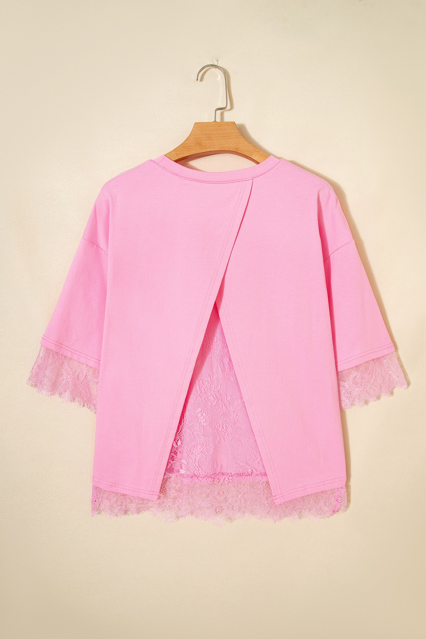 Pink Eyelash Floral Lace Patchwork Half Sleeve Oversize Tee