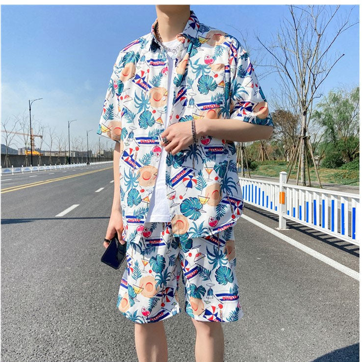 Fashion Ice Silk Short Sleeve Floral set For Men