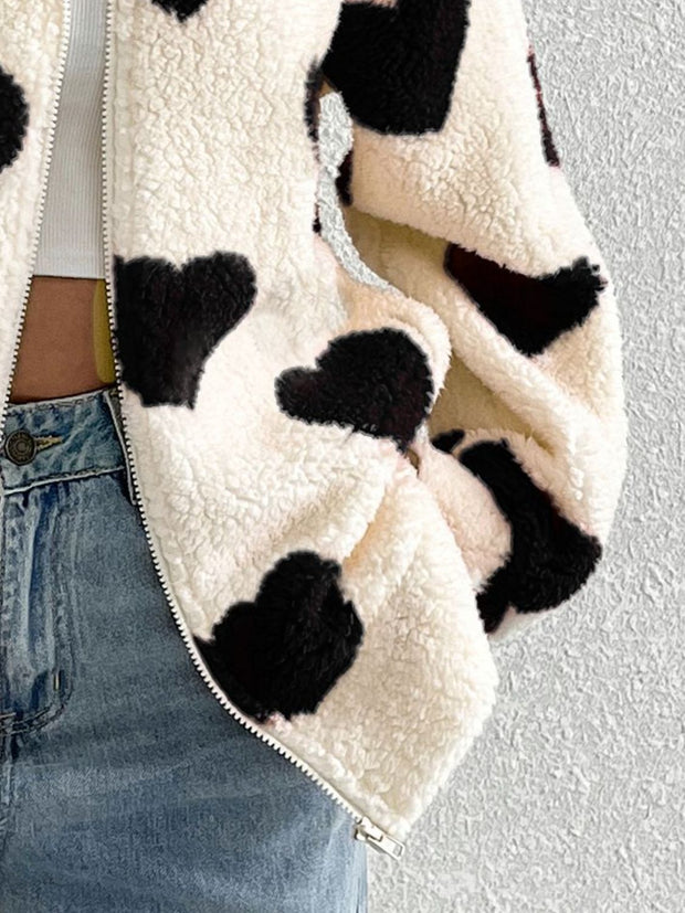 Heart Zip Up Drop Shoulder Furry Jacket