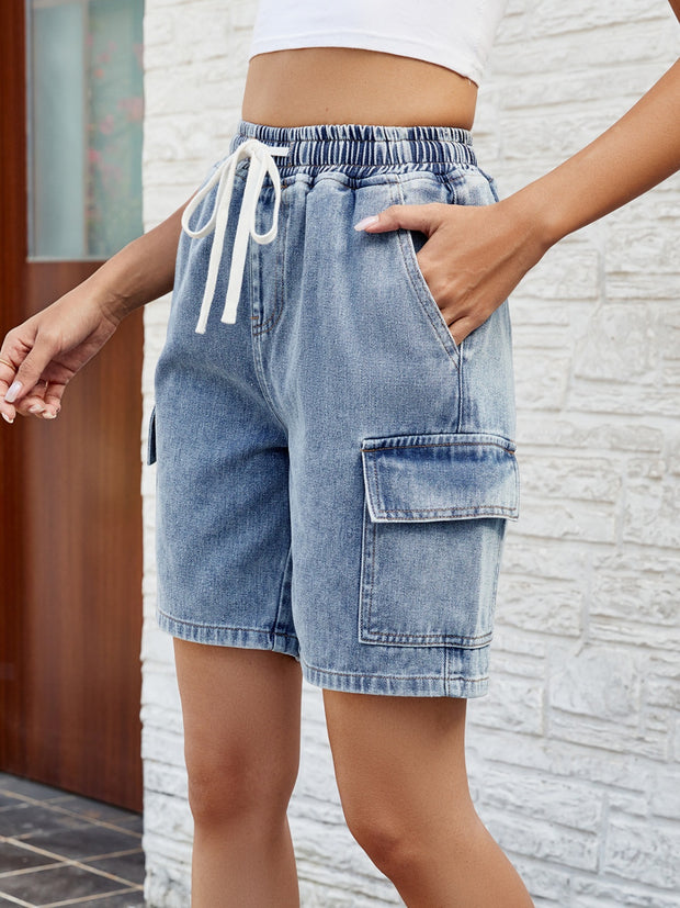 Drawstring Denim Shorts with Pockets