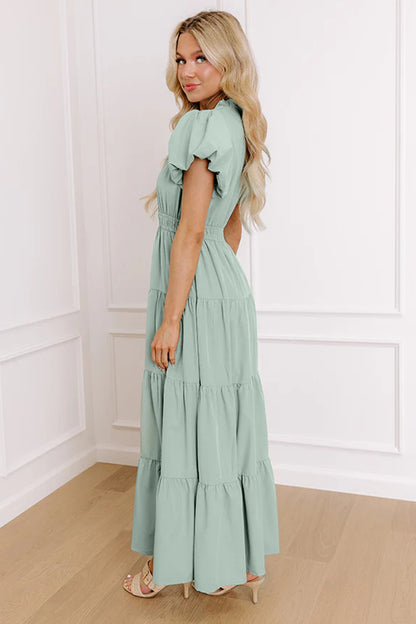 Bright Green Solid Color V Neck Short Puff Sleeve High Waist Tiered Maxi Dress