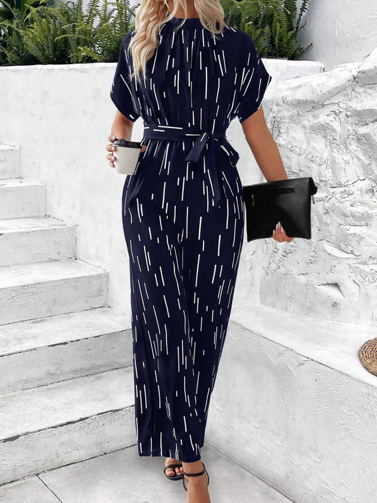 Tied Printed Mock Neck Wide Leg Jumpsuit