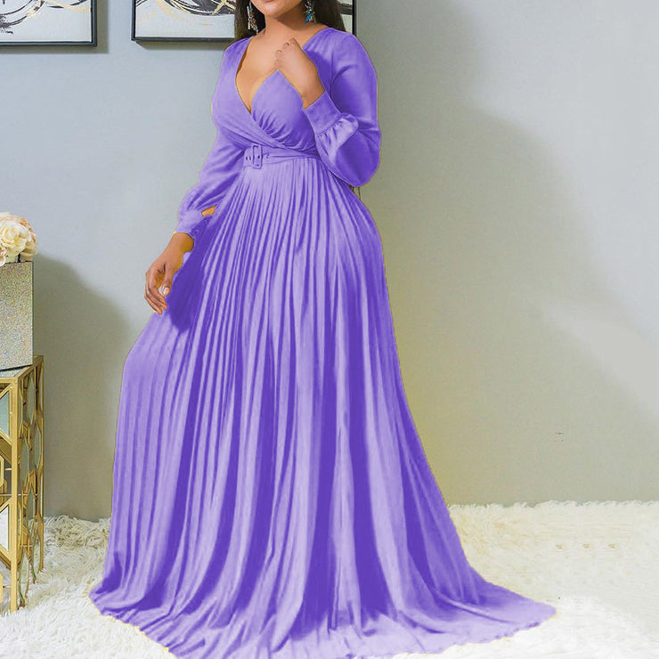 Woman V-neck Long-sleeved Long Dress