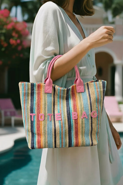 Sachet Pink Bohemian Straw Crochet Woven Tote Bag