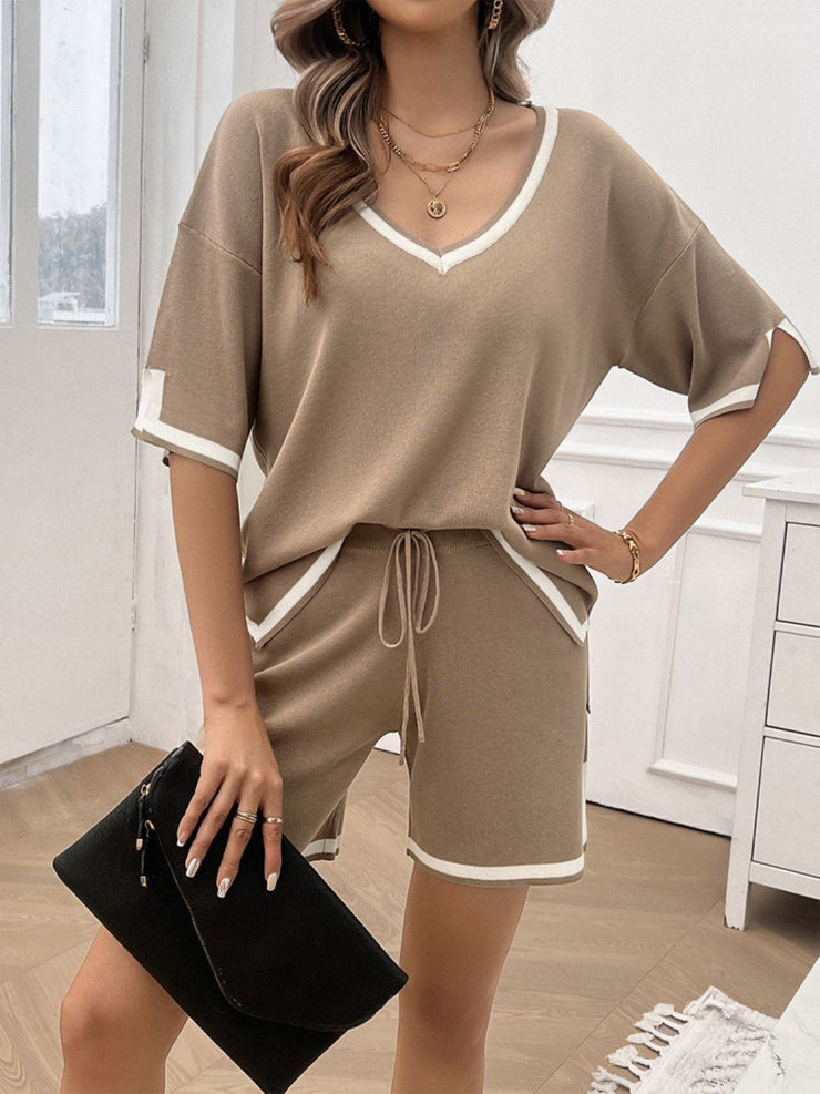 Devine Contrast Trim V-Neck Top and Shorts Set