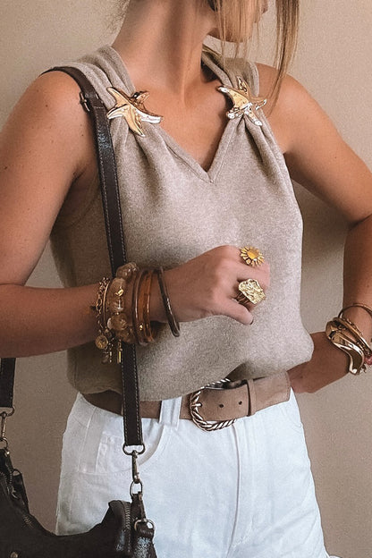 Gray Morn Metal Star Detail V Neck Sweater Knit Tank Top