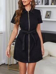 Pocketed Collared Neck Zip Up Short Sleeve Denim Dress