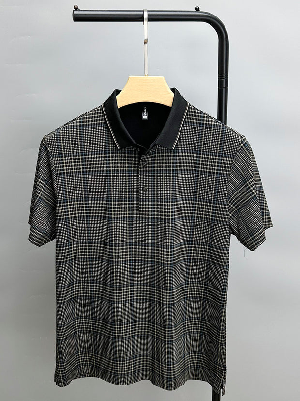 Men Traceless Collar Plaid Half Sleeve Polo Shirt