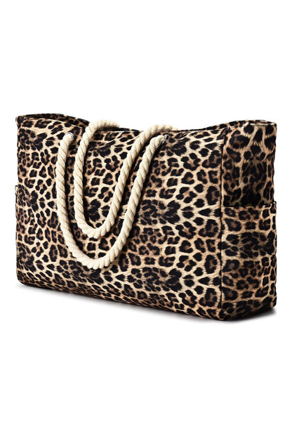 Coffee Leopard Print Rope Straps Large Travel Shopping Bag