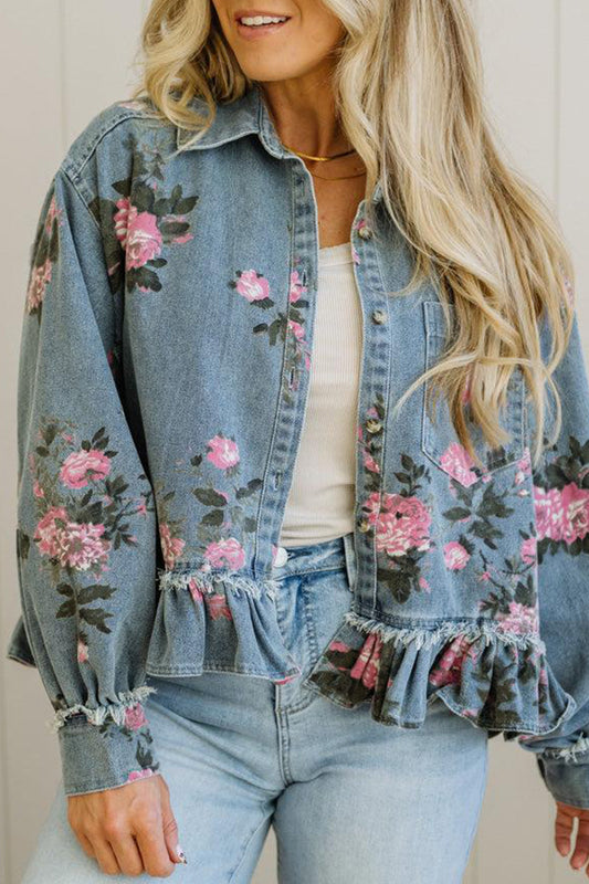 Sky Blue Floral Print Raw Seam Ruffle Hem Denim Jacket