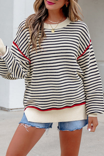 Black Stripe Ribbed Trim Drop Shoulder Oversized Sweater