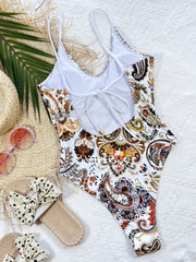 Printed Tie Back Scoop Neck One-Piece Swimsuit