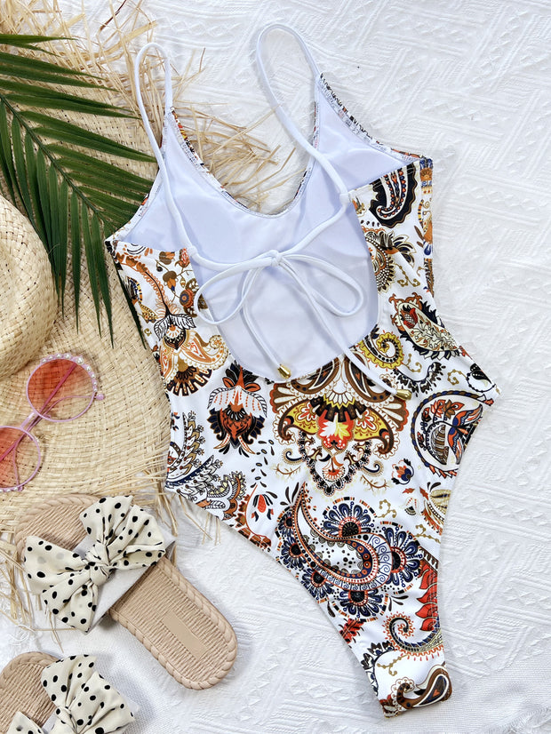 Printed Tie Back Scoop Neck One-Piece Swimsuit