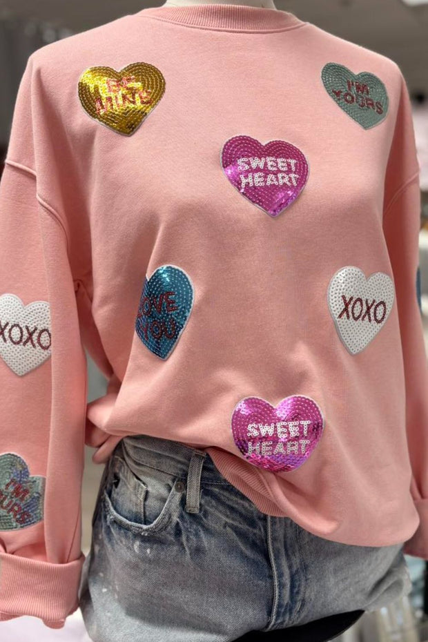 Valentine’s Day Sequin Heart Round Neck Long Sleeve Sweatshirt