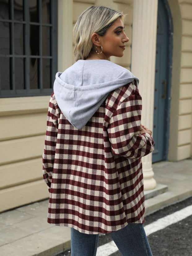 Drawstring Plaid Long Sleeve Hooded Jacket