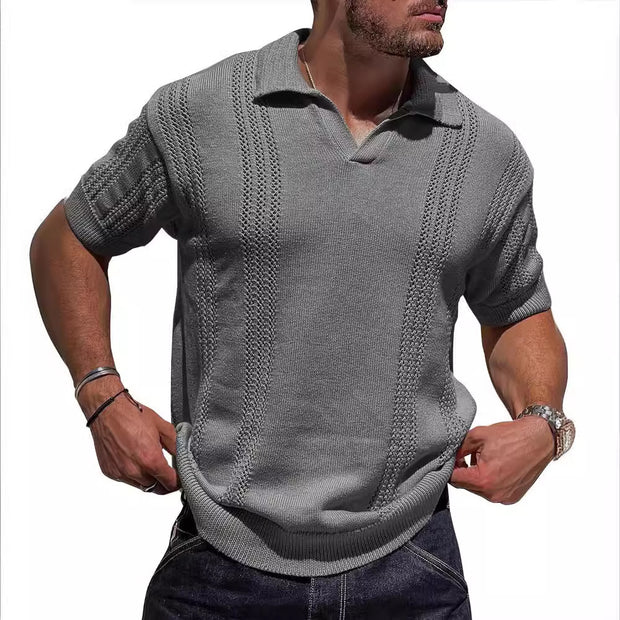 Men's Knitted Short Sleeve V-neck Hollow