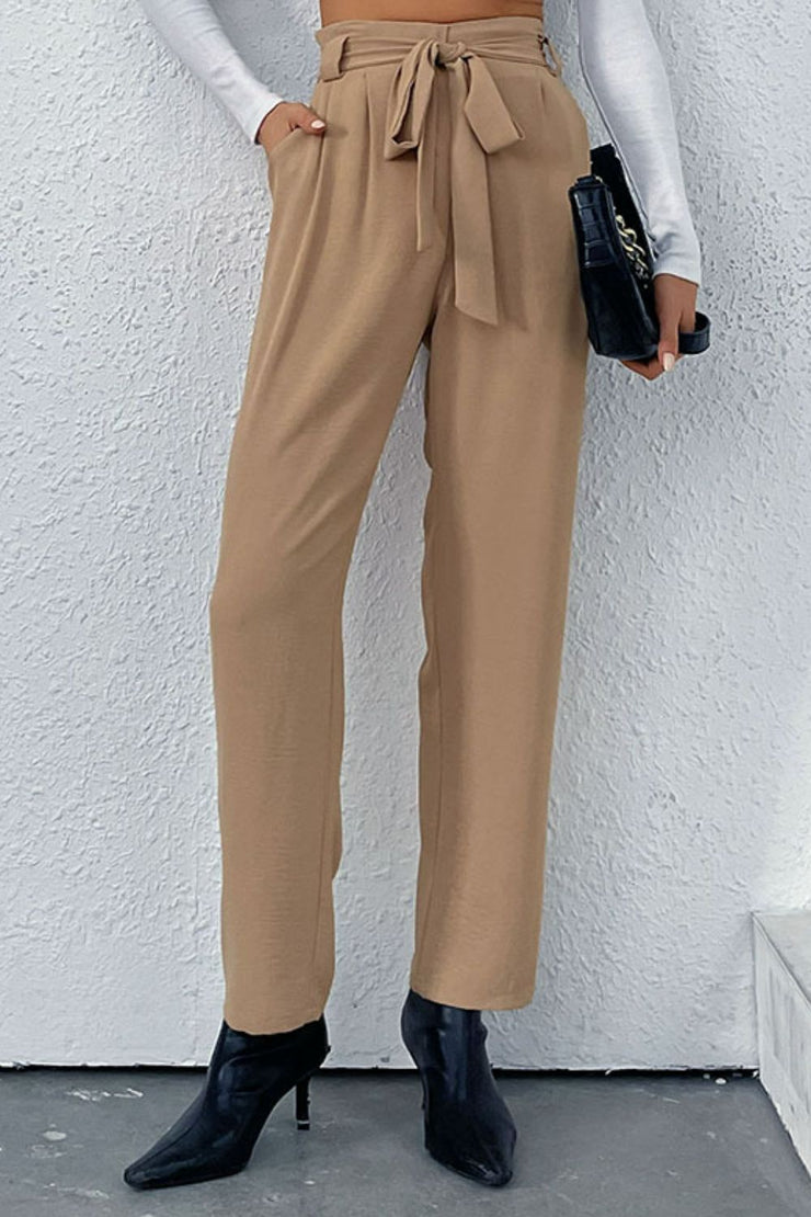 Perfee Belted Straight Leg Pants with Pockets