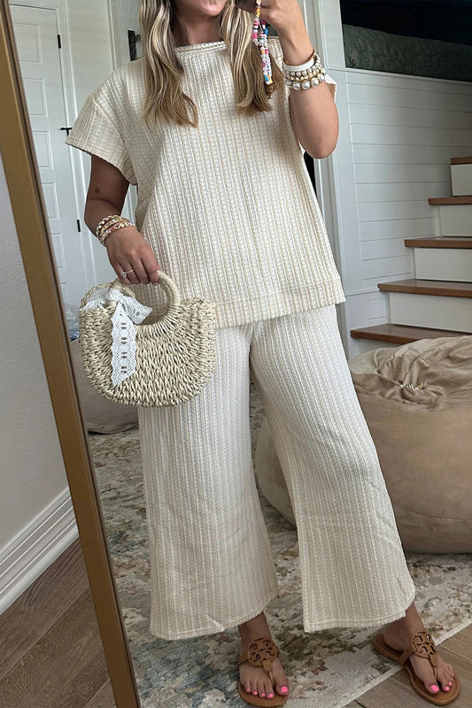 Beige Texture Loose Short Sleeve Top and Cropped Pant Set