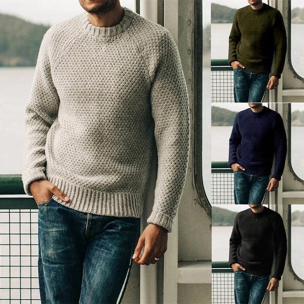 Men's Pullover Winter Casual Solid Color Round Neck Knitted Sweater