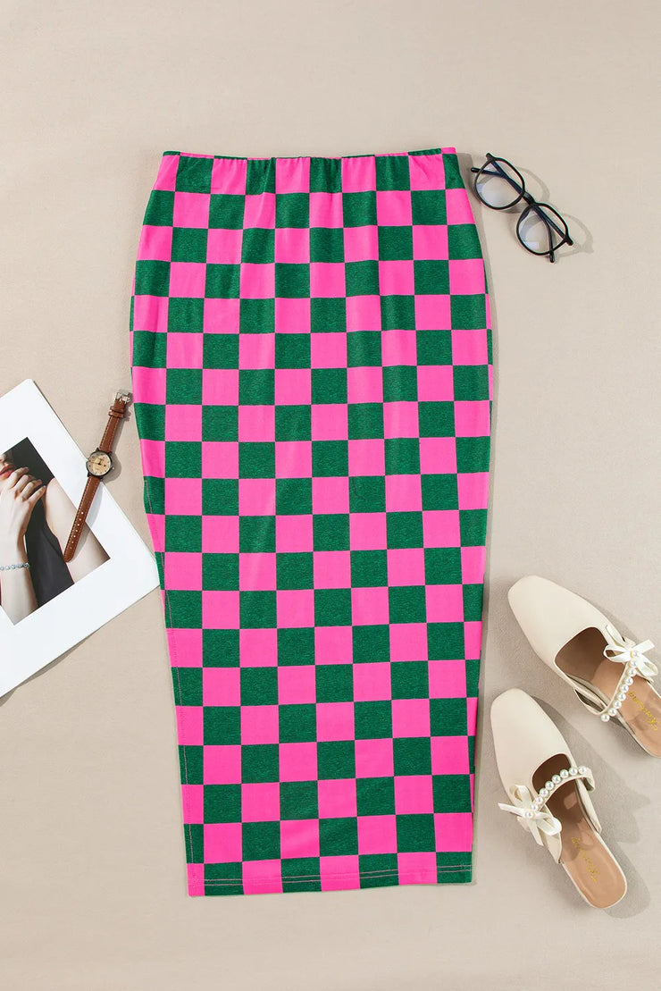 Split Checkered Midi Skirt